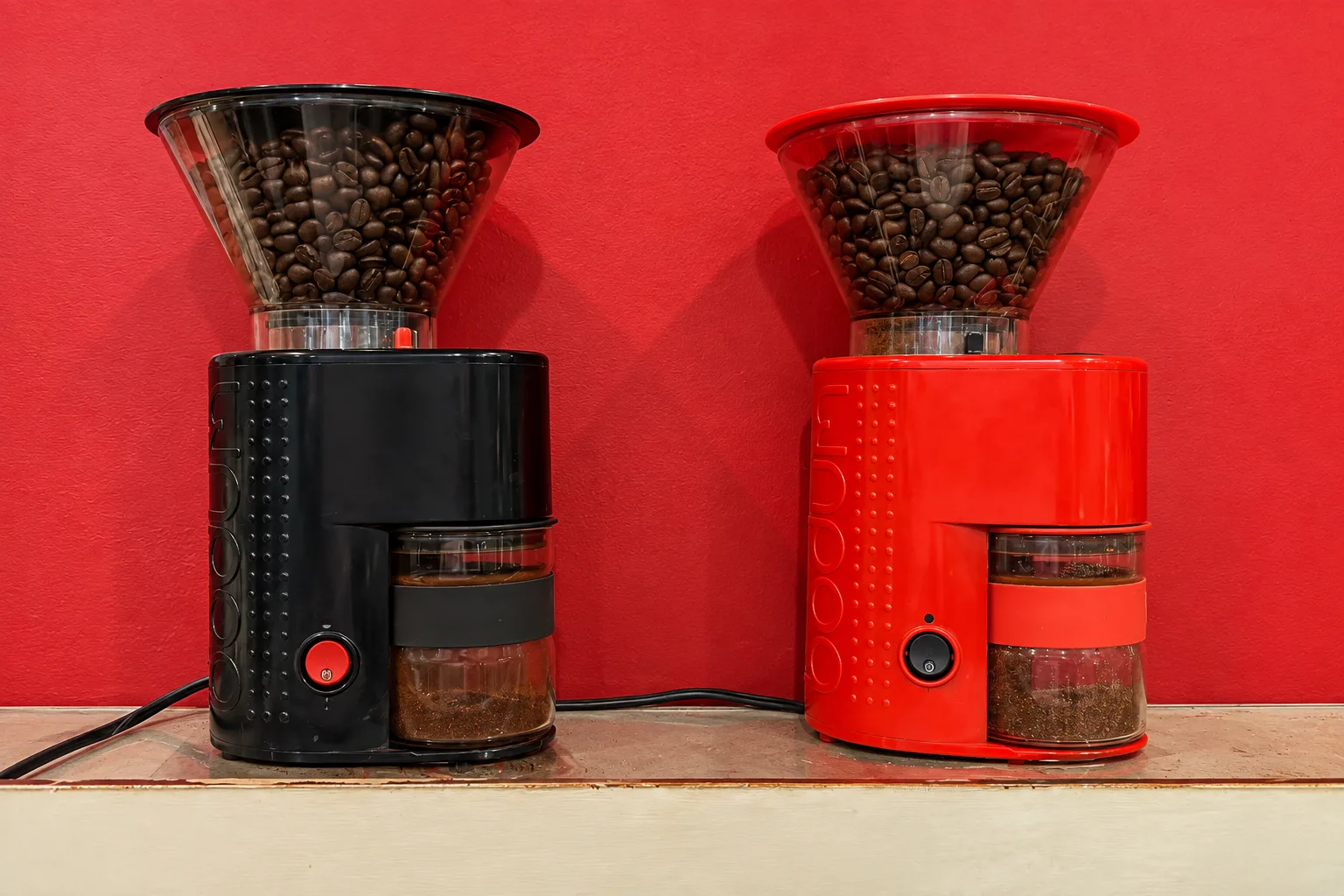 赤い壁の前に並んだ、黒と赤のコーヒーミル