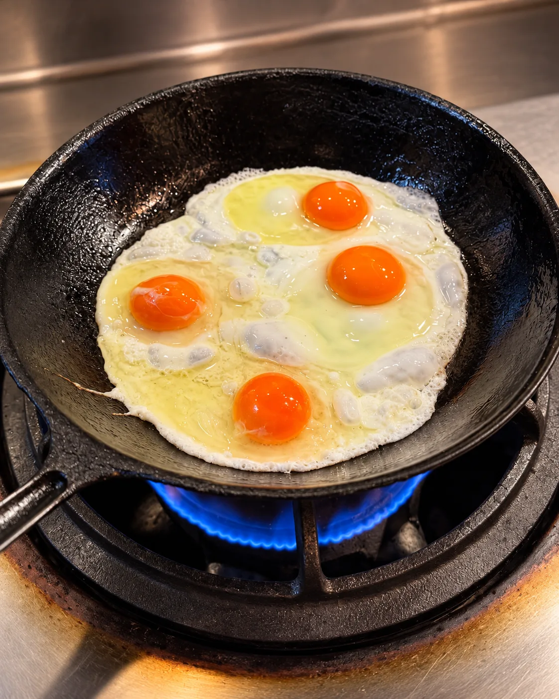 黒い鉄のフライパンで焼く4つの目玉焼き